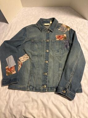 Chico's Blue Denim Patchwork Jacket with Floral Accents